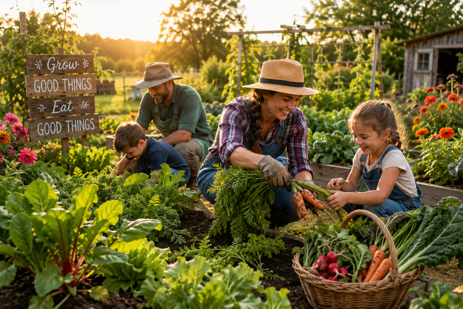 image showing a family harvesting from their garden.