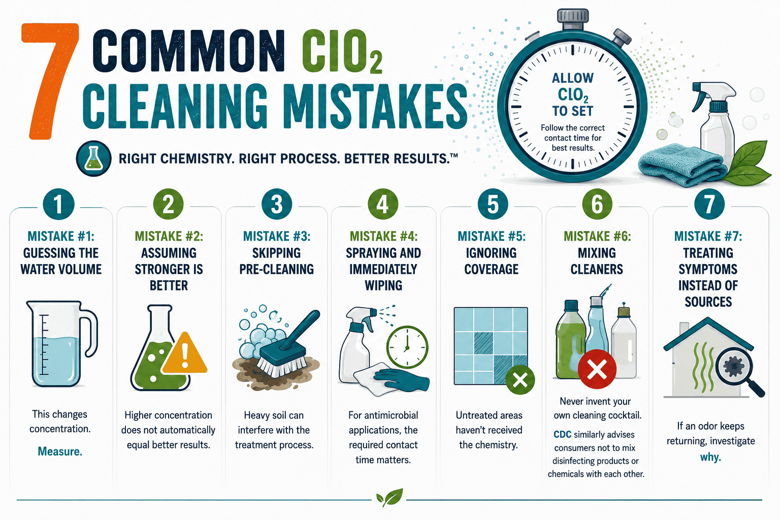 Infograph of 7 common mistakes people make when using clo2 to clean deodorize and disinfect.