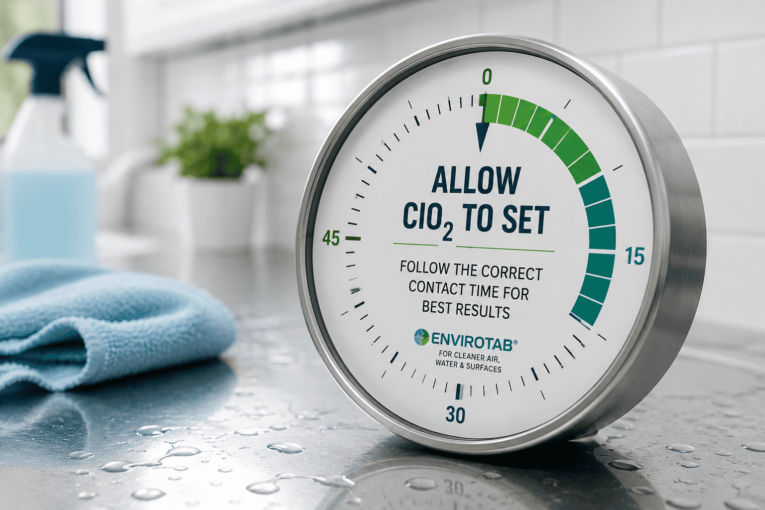 An image of a timer showing that you must allow CLO2 to set for an allotted amount of time to break down the biofilm.