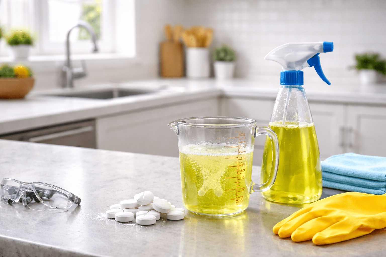 Image of a clean kitchen with different ppms mixed in different levels of water.