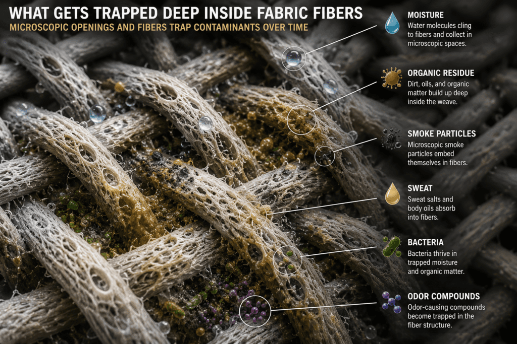 image showing microscopic pores in fabric and what gets trapped inside them.