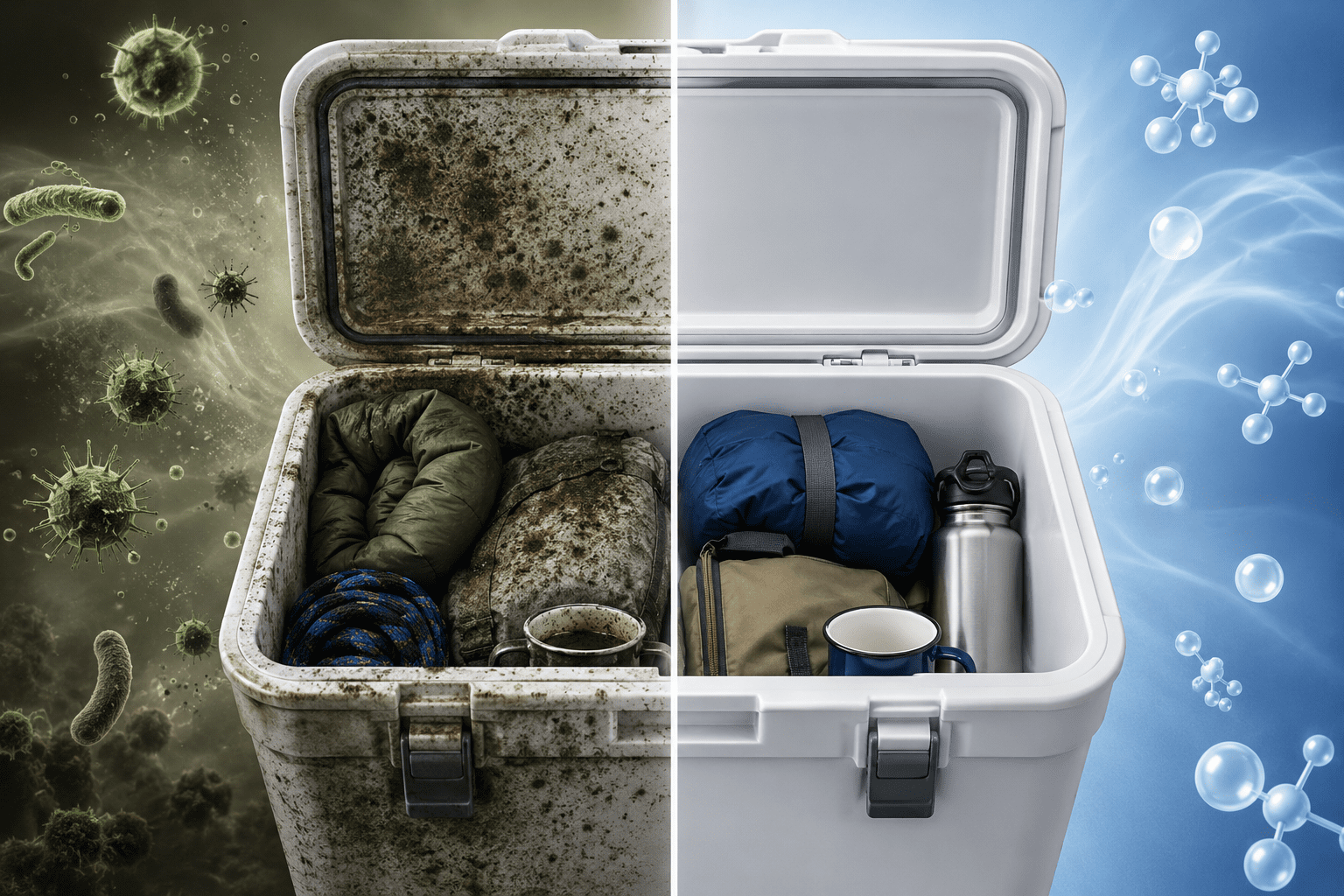 image of a cooler, one side moldy from storage and the other clean and deodorized.