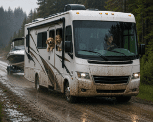 rv rental and a family traveling in the rain to camp with a wet dog , on a muddy road and a boat.