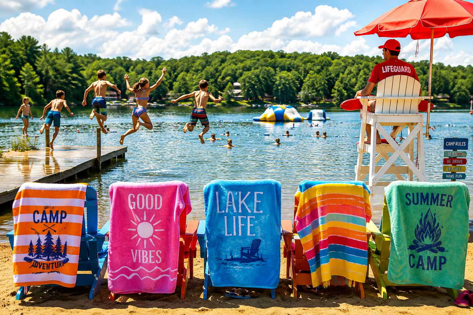summer camp, a row of camp chairs lined up with brightly colored towels as the kids are swimming and the life guards are watching
